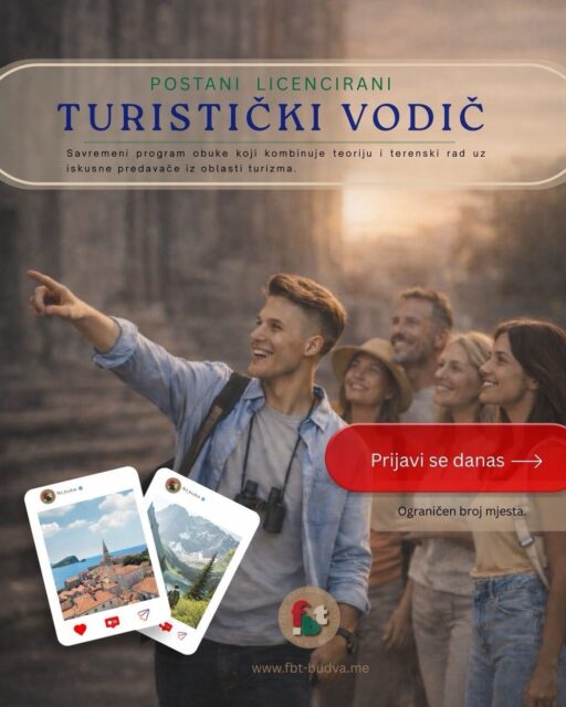 📢 Javni oglas za turističke vodiče

Fakultet za biznis i turizam Budva objavio je oglas za obuku i polaganje stručnog ispita za zvanje turistički vodič / turistička vodičkinja.

🗓 Rok za prijavu: 13.02.2026. – 06.03.2026.

Poziv je namijenjen svim zainteresovanim kandidatima koji ispunjavaju propisane uslove za sticanje licence.

Ukoliko ima zainteresovanih kandidata sa područja Gusinja mogu se obratiti direktno nama u TOG.

Više informacija o uslovima i načinu prijave dostupno je na sajtu Fakulteta: www.fbt-budva.com ili putem telefona +382 67 280 700.